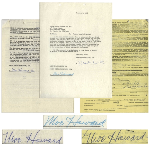 Two 1959 Contracts Signed by Moe Howard -- One 2pp. Signed Twice by Moe Regarding Moulin Rouge Event; Other 1pp. Regarding ''Frances Langford Special'' Signed -- Each Measures 8.5'' x 11'', Very Good
